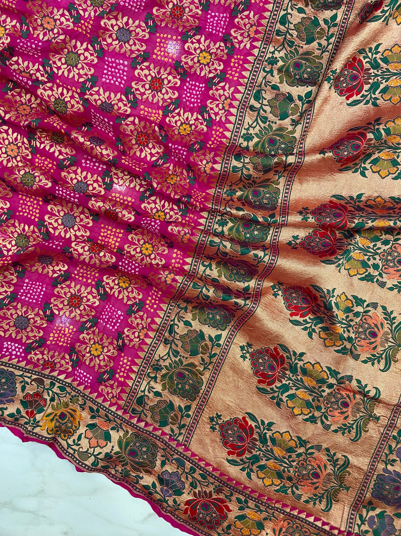 Pure Georgette Banarasi Bandhej Handloom Saree - Meenakari