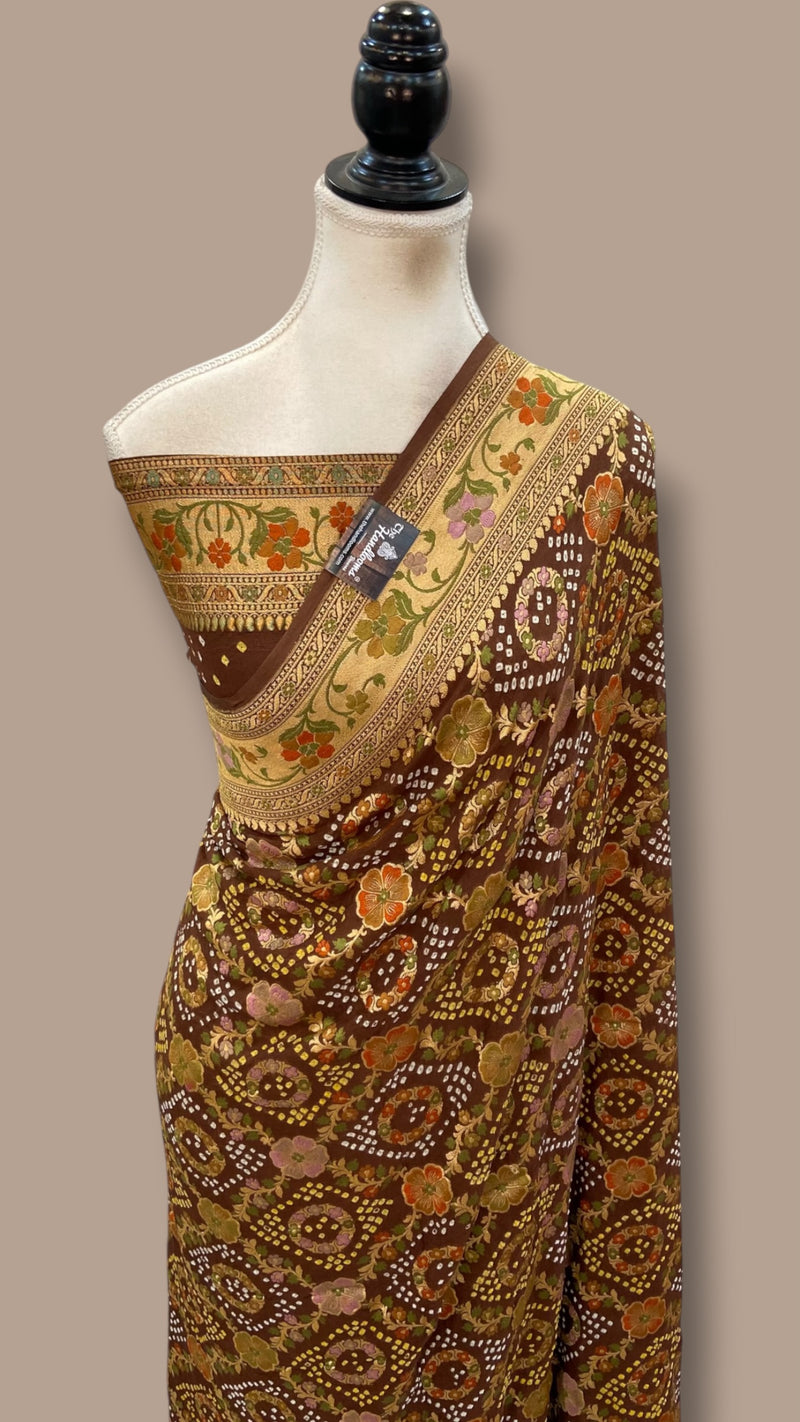 Pure Georgette Banarasi Bandhej Handloom Saree - Meenakari