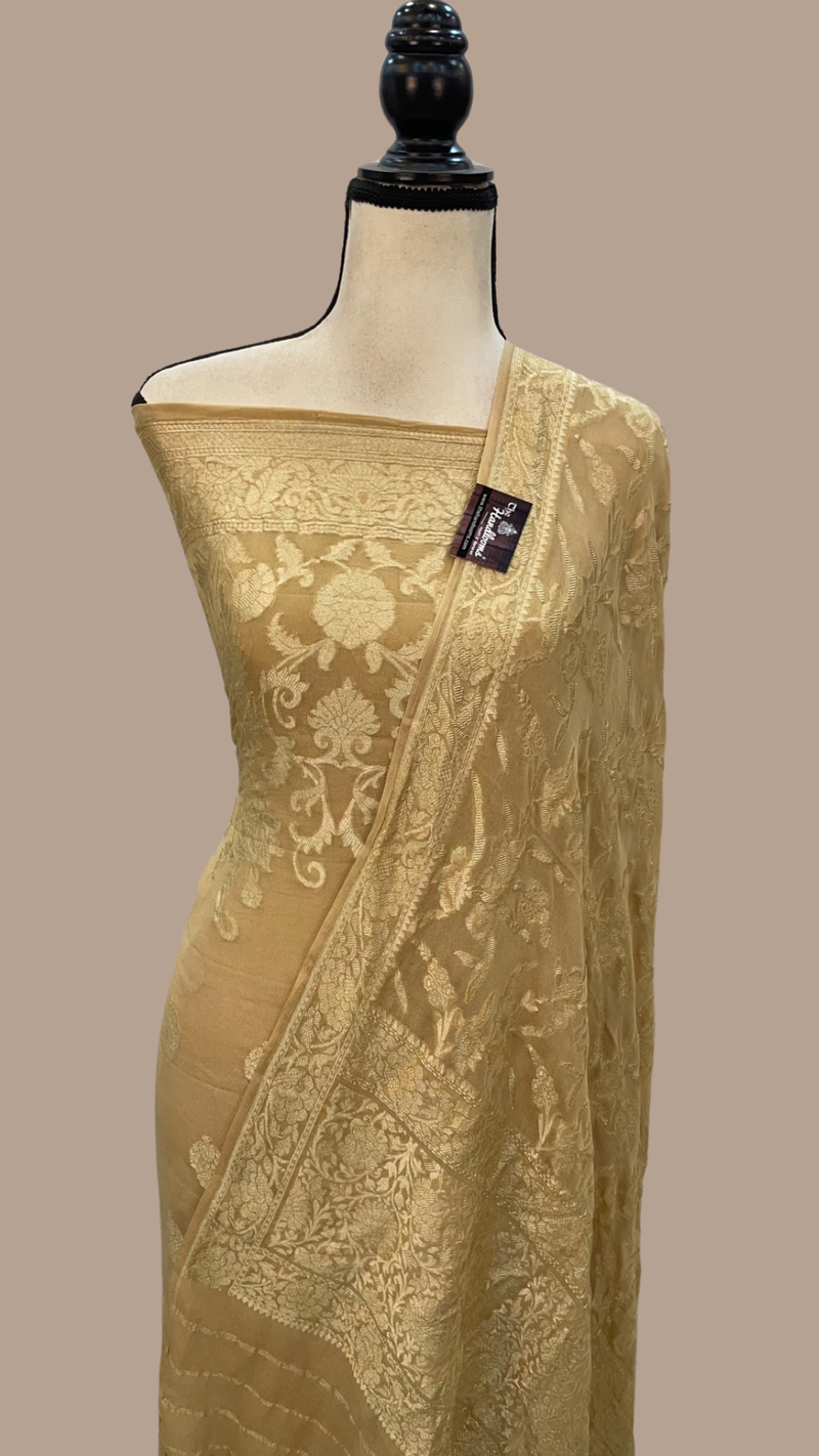Beige Pure Khaddi Georgette Banarasi Dress material - The Handlooms