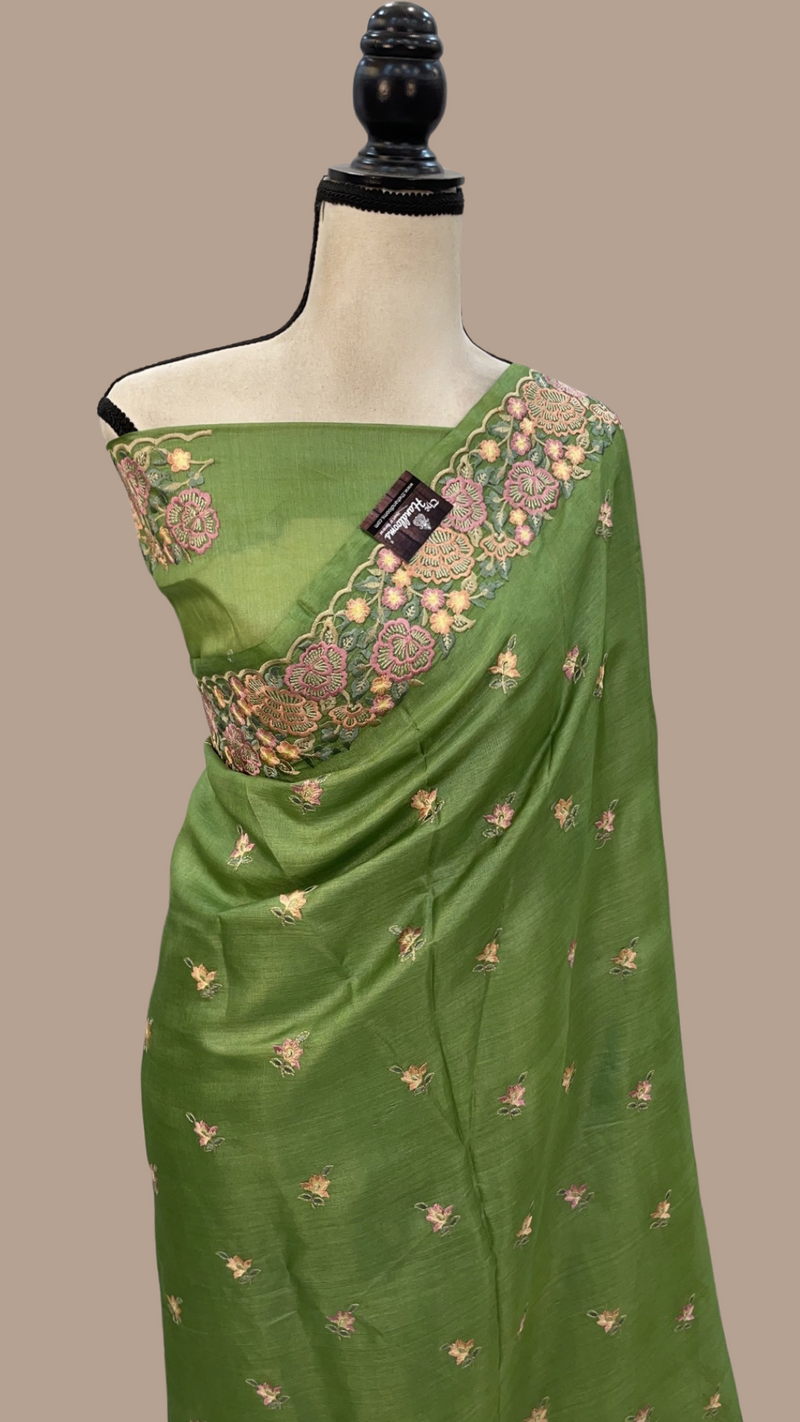 Tussar Silk Handloom Banarasi Saree With Chikankari - The Handlooms