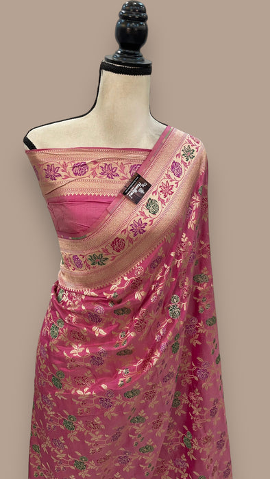 Pink Pure Katan Silk Banarasi Handloom Saree - All over Jaal work with Meenakari