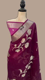 Dark Purple Pure Kora Handloom Banarasi Saree - The Handlooms
