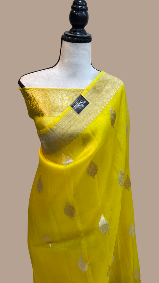Yellow Pure Kora Handloom Banarasi Saree - Sona Roopa Alfi Kadua Boota - The Handlooms