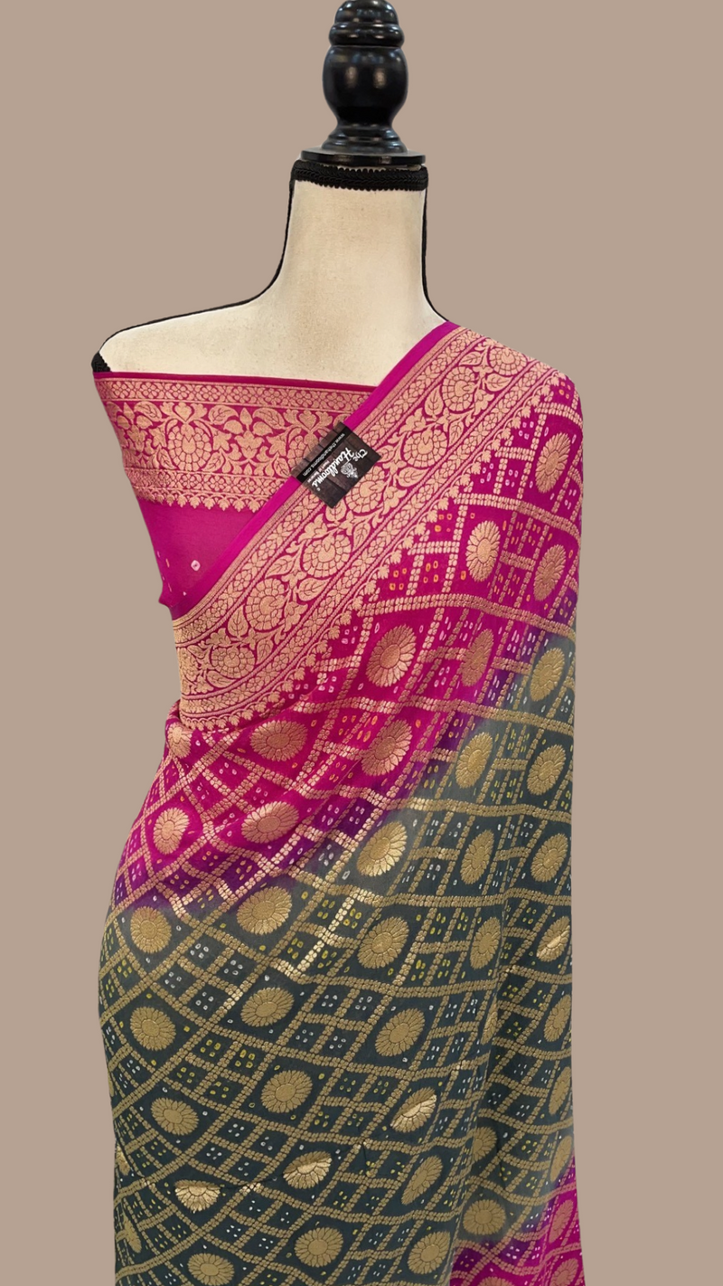 Pure Georgette Banarasi Bandhej Handloom Saree - The Handlooms