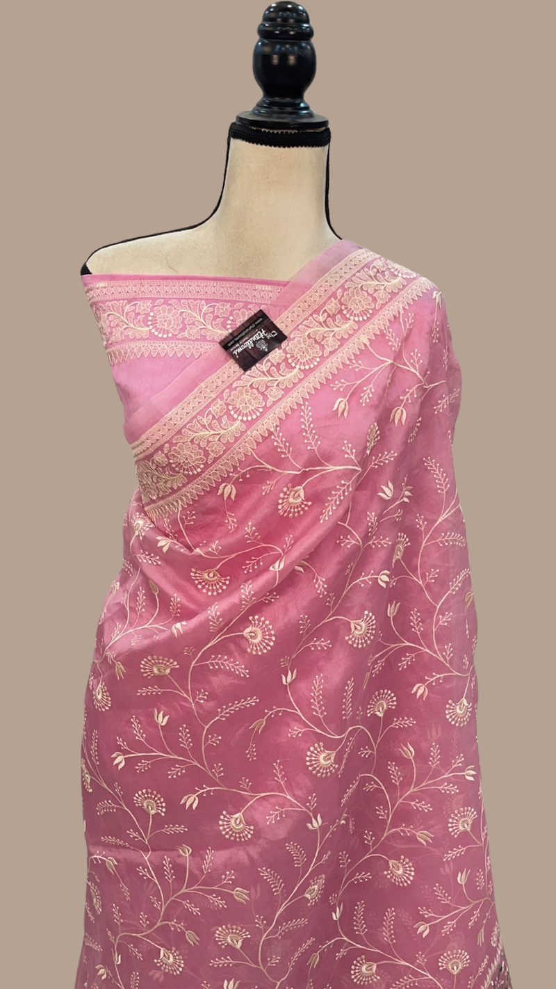 Pink Pure Organza Chikankari Handloom Banarasi Saree - The Handlooms