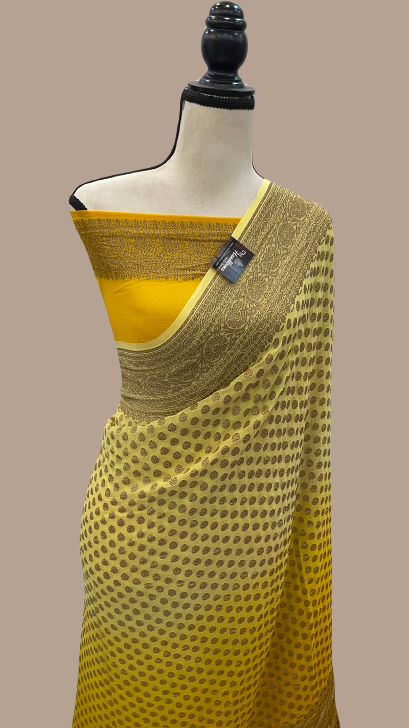 Yellow Shaded Pure Khaddi Georgette Handloom Banarasi Saree - The Handlooms