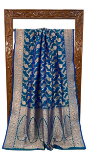 German Blue Pure Katan Silk Banarasi Handloom Saree - All over jaal work - The Handlooms