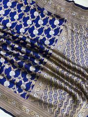 Navy Blue Blue Pure Katan Silk Banarasi Handloom Saree - All over Sona Roopa Jaal work - The Handlooms