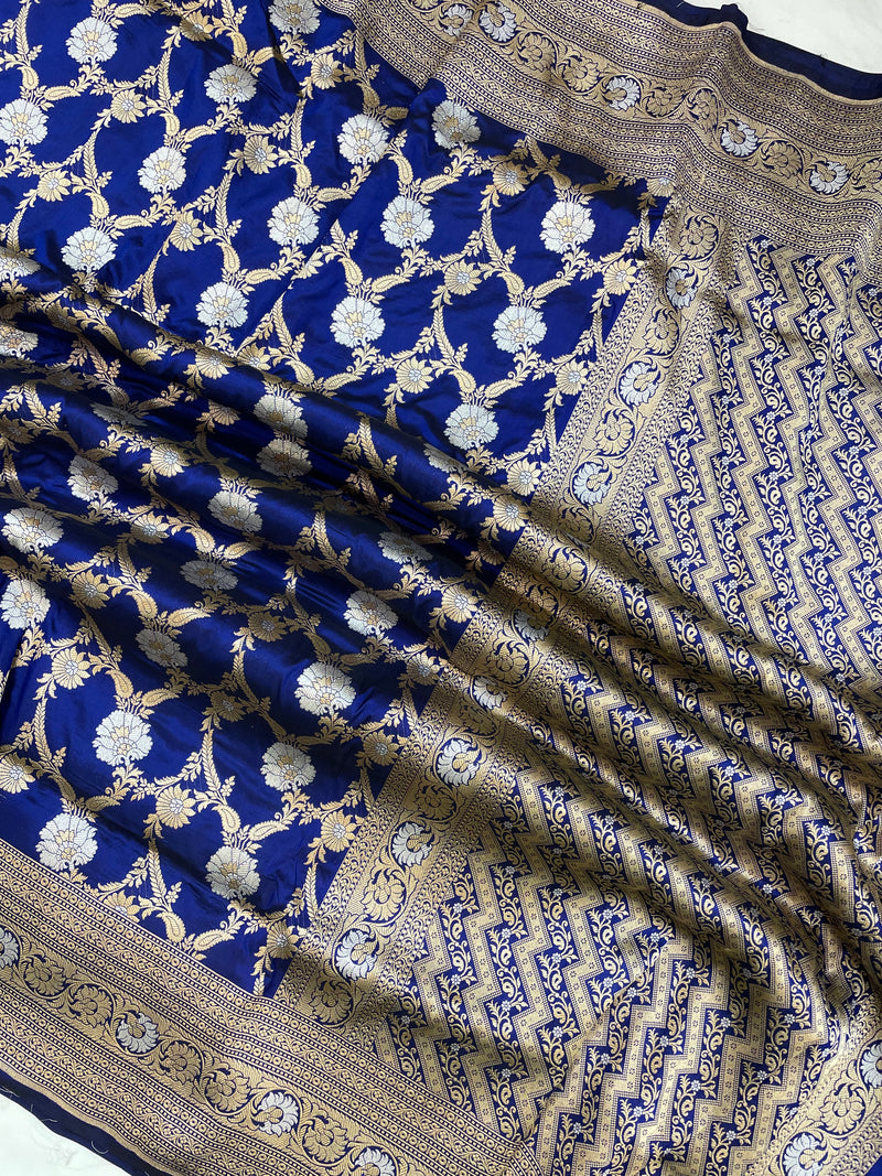 Navy Blue Blue Pure Katan Silk Banarasi Handloom Saree - All over Sona Roopa Jaal work - The Handlooms