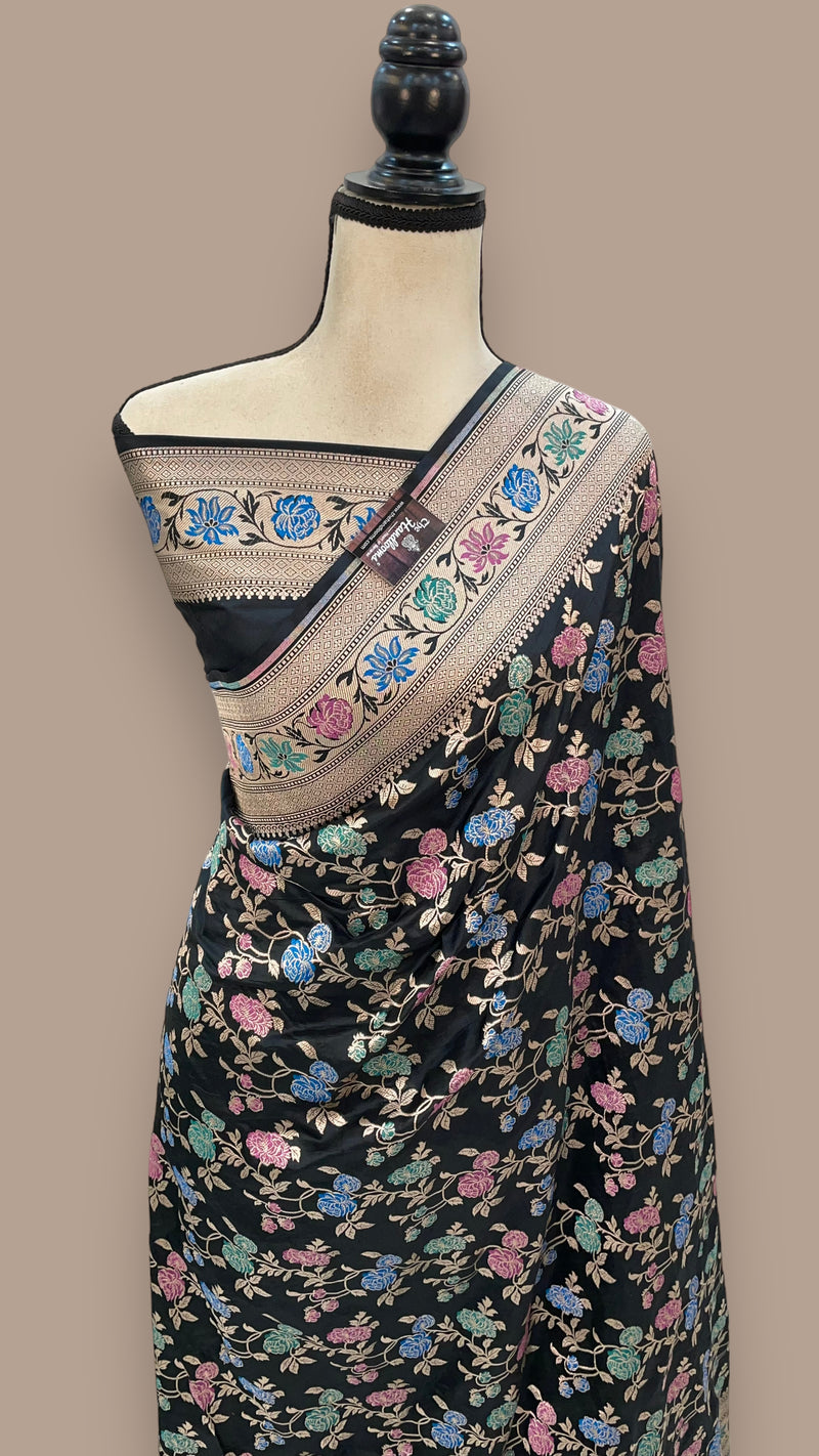 Black Pure Katan Silk Banarasi Handloom Saree - All over Jaal work with Meenakari - The Handlooms