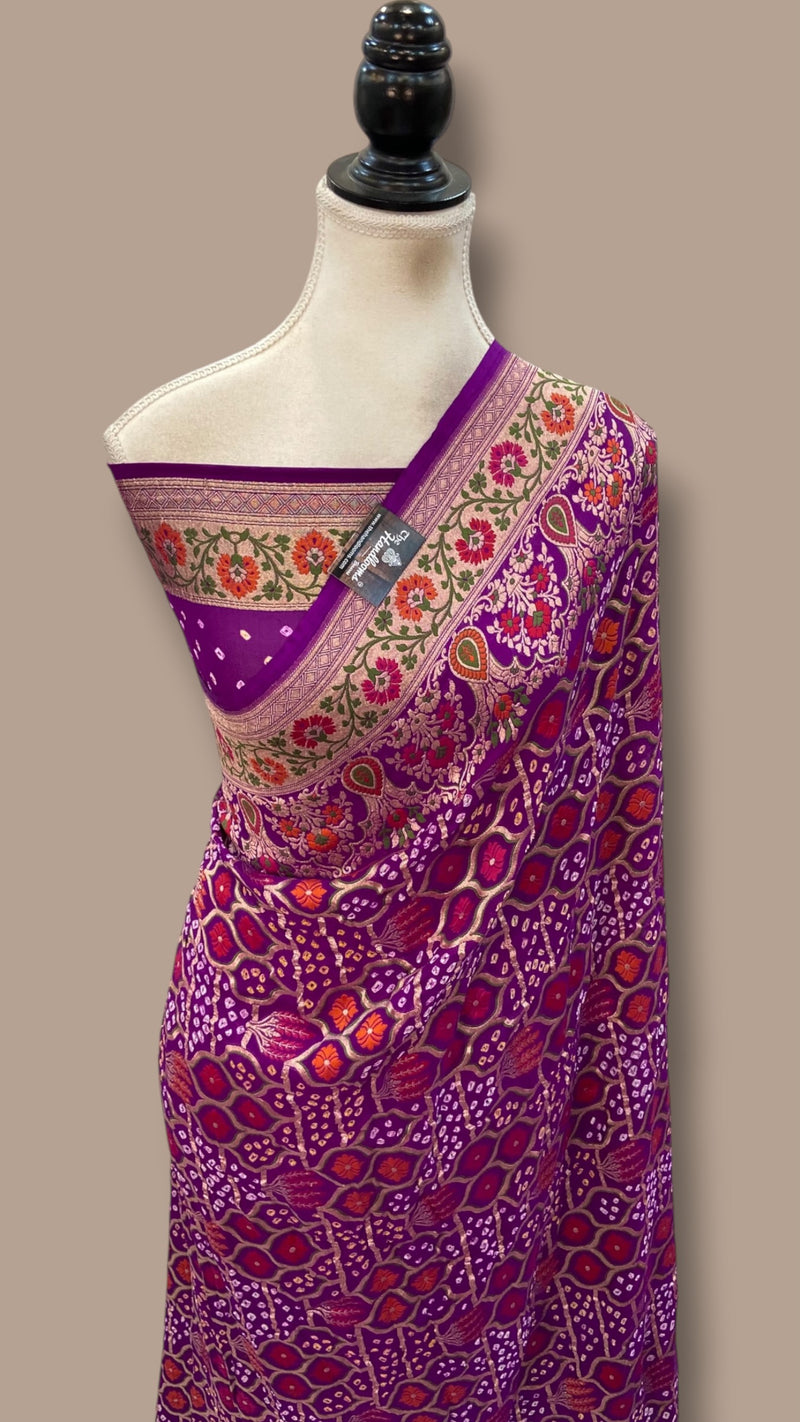 Pure Georgette Banarasi Bandhej Handloom Saree - Meenakari