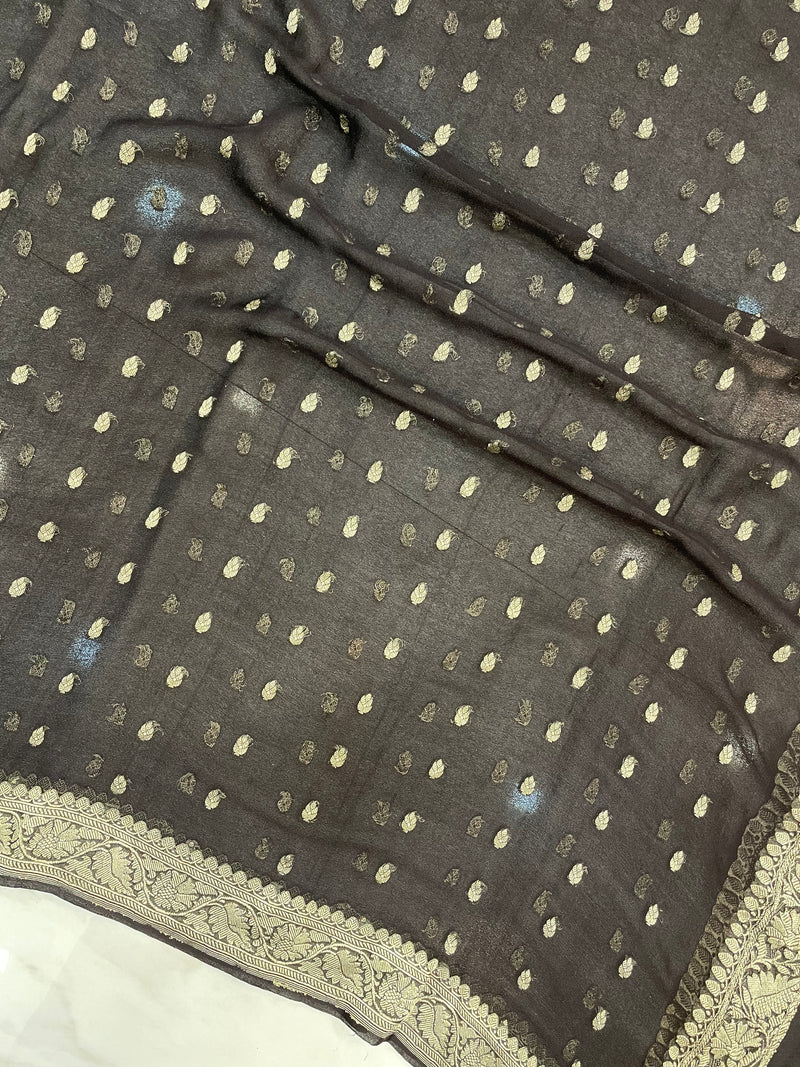 Pure Georgette Dupatta - Black silver zari - The Handlooms