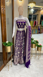 Purple Pure Khaddi Georgette Handloom Banarasi Lehenga - Stitched - The Handlooms