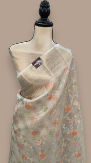 Off-white Pure Kora Handloom Banarasi Saree - The Handlooms