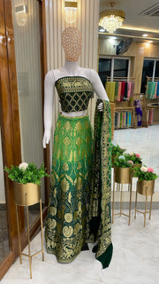 Green Pure Khaddi Georgette Bandhani Handloom Banarasi Lehenga - The Handlooms