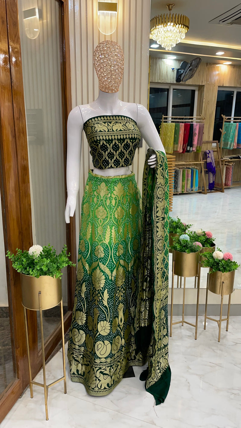 Green Pure Khaddi Georgette Bandhani Handloom Banarasi Lehenga - The Handlooms