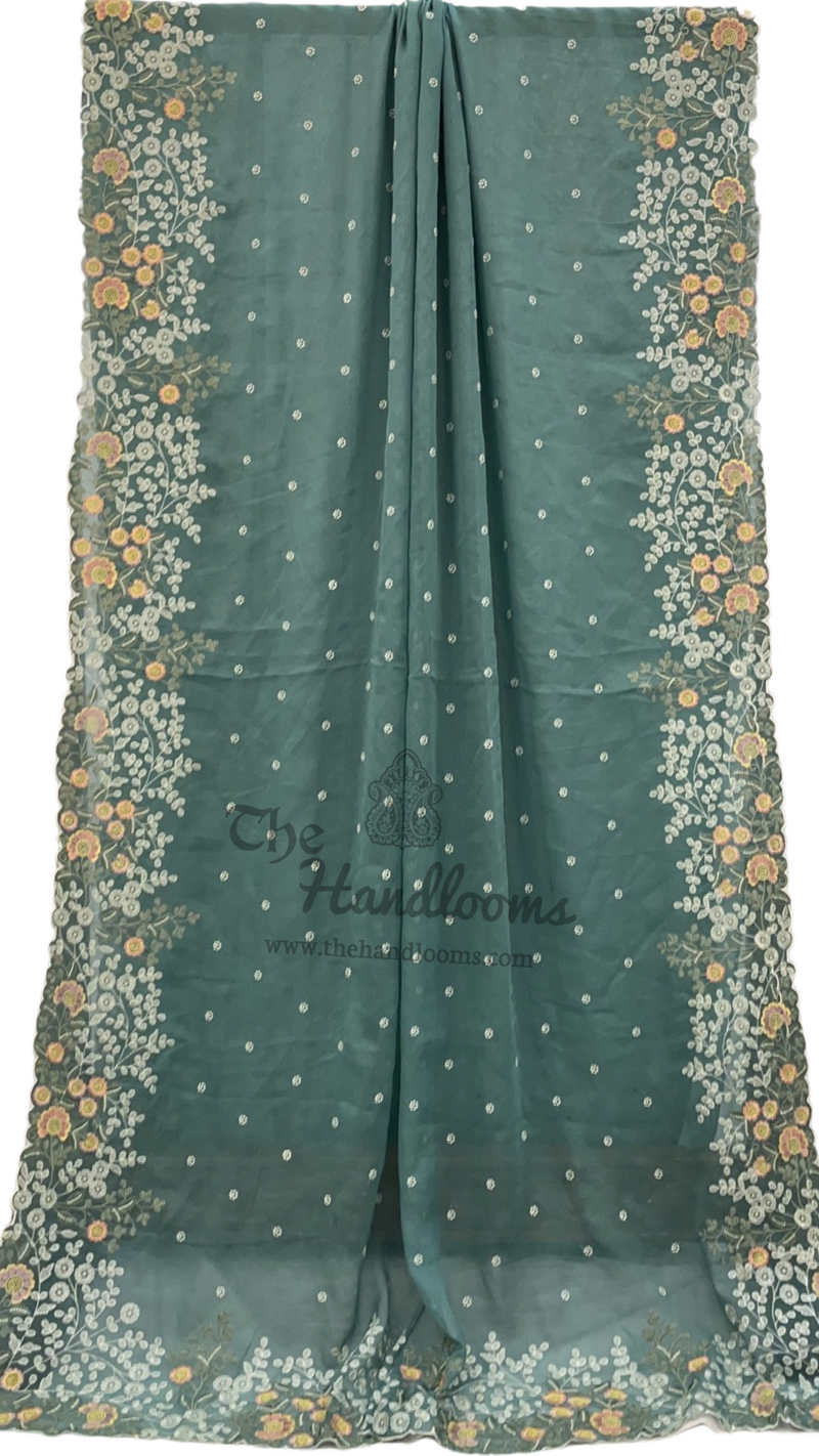 Pure Georgette Chikankari Handloom Banarasi Saree - The Handlooms