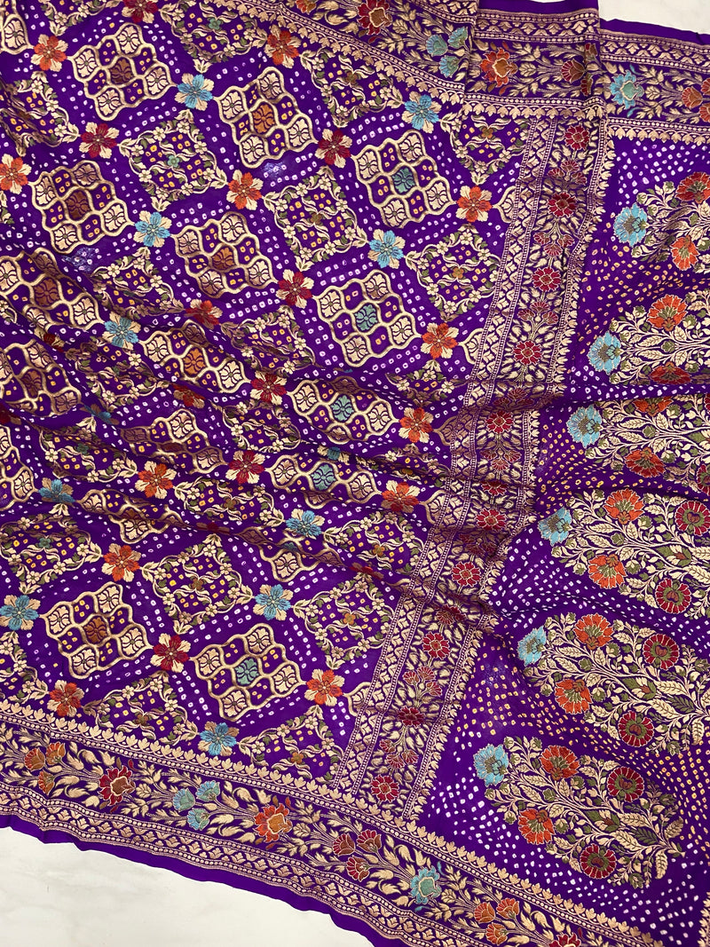 Pure Georgette Banarasi Bandhej Handloom Saree - Meenakari