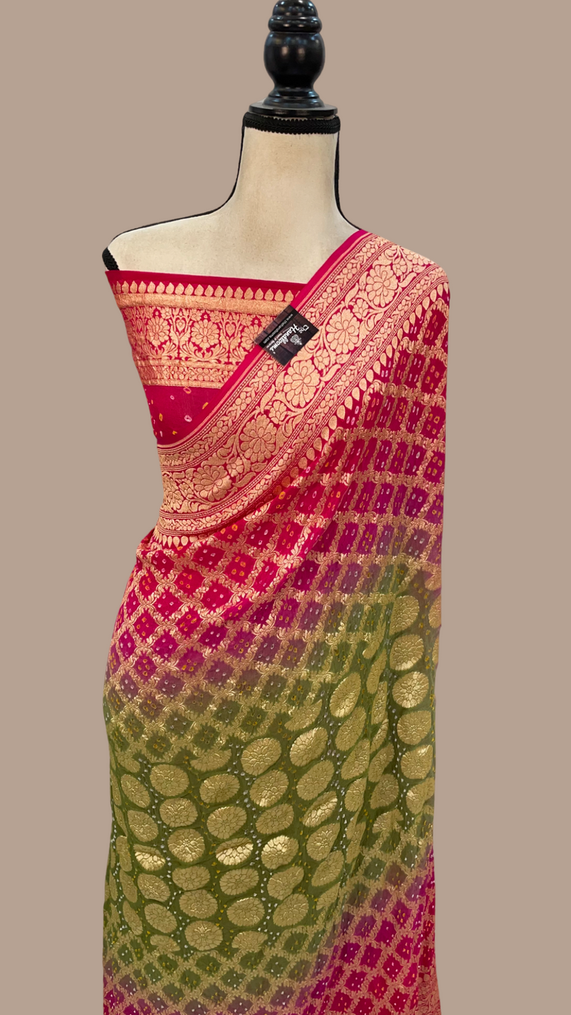 Dual Shade Pure Georgette Banarasi Bandhej Handloom Saree - The Handlooms