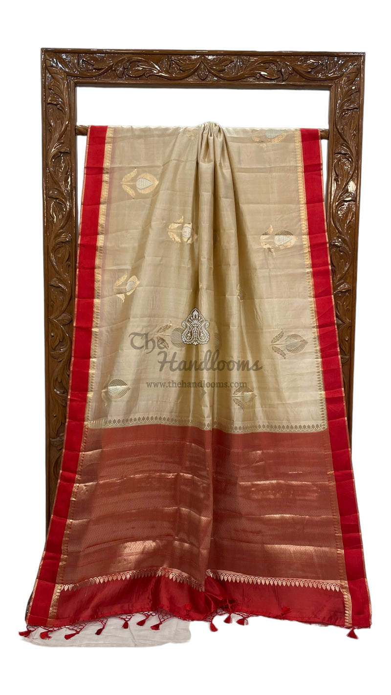 Cream Pure Mango Silk Banarasi Handloom Saree - The Handlooms