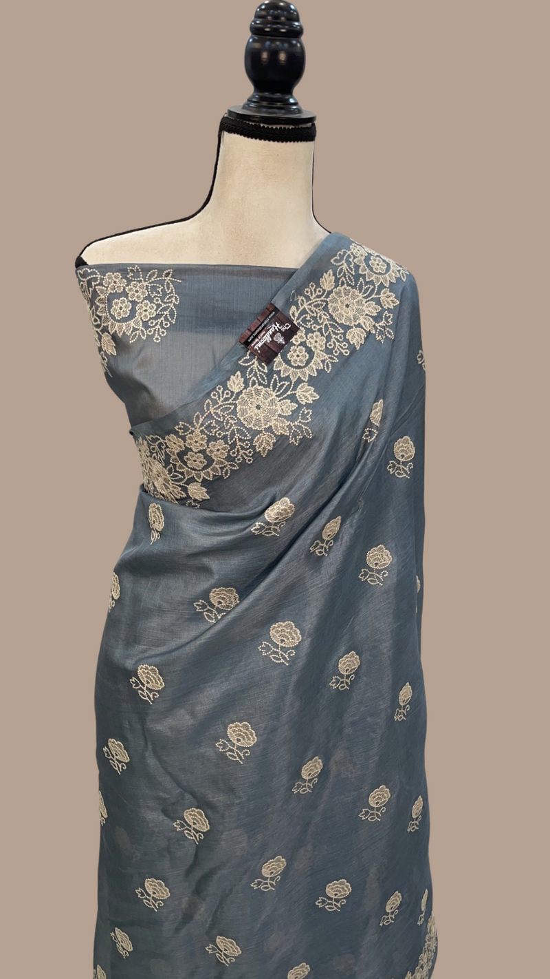 Tussar Silk Handloom Banarasi Saree With Chikankari - The Handlooms