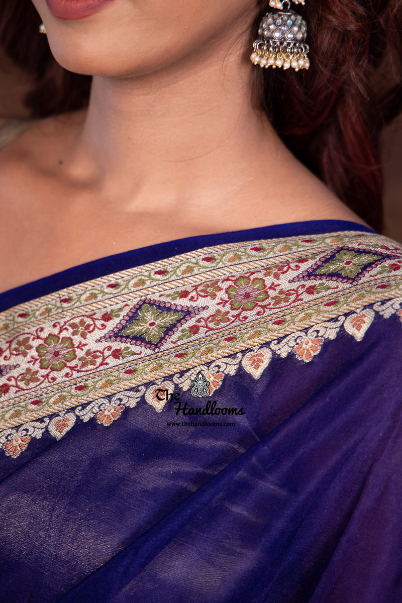 Blue Pure Chiffon Khaddi Banarasi Saree - The Handlooms