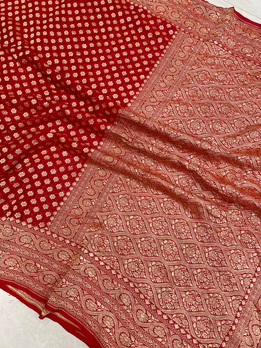 Red Khaddi Georgette Banarasi Saree -  Gold zari - The Handlooms