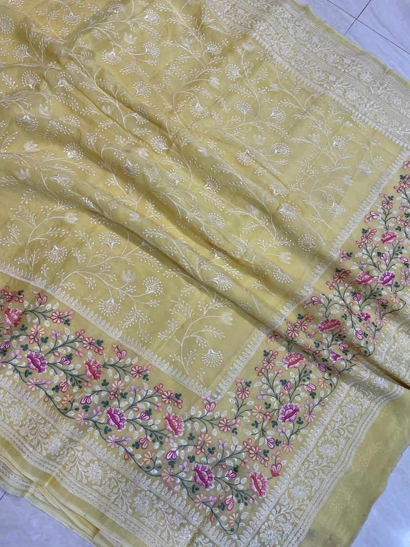 Pure Georgette Chikankari Handloom Banarasi Saree - The Handlooms