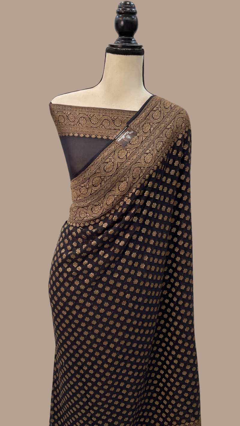 Black Pure Khaddi Georgette Handloom Banarasi Saree - The Handlooms