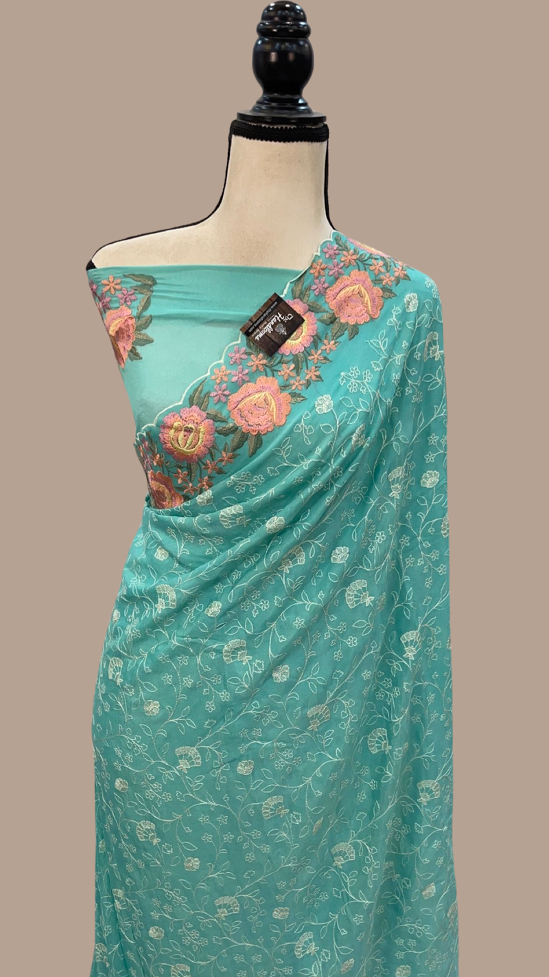 Pure Georgette Chikankari Handloom Banarasi Saree - The Handlooms