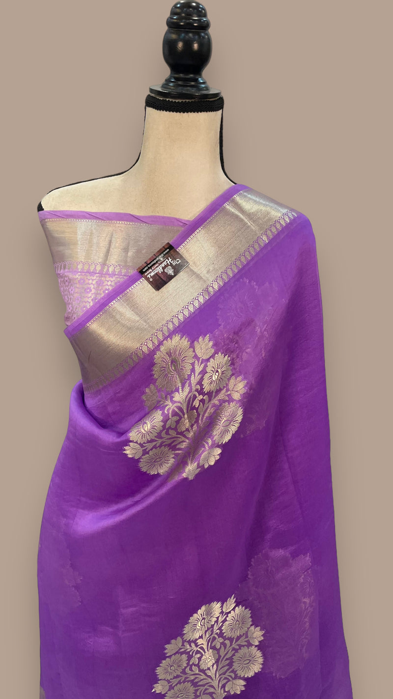 Lavender Pure Kora Handloom Banarasi Saree - The Handlooms