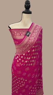 Hot Pink Pure Georgette Banarasi Bandhej Handloom Saree - The Handlooms