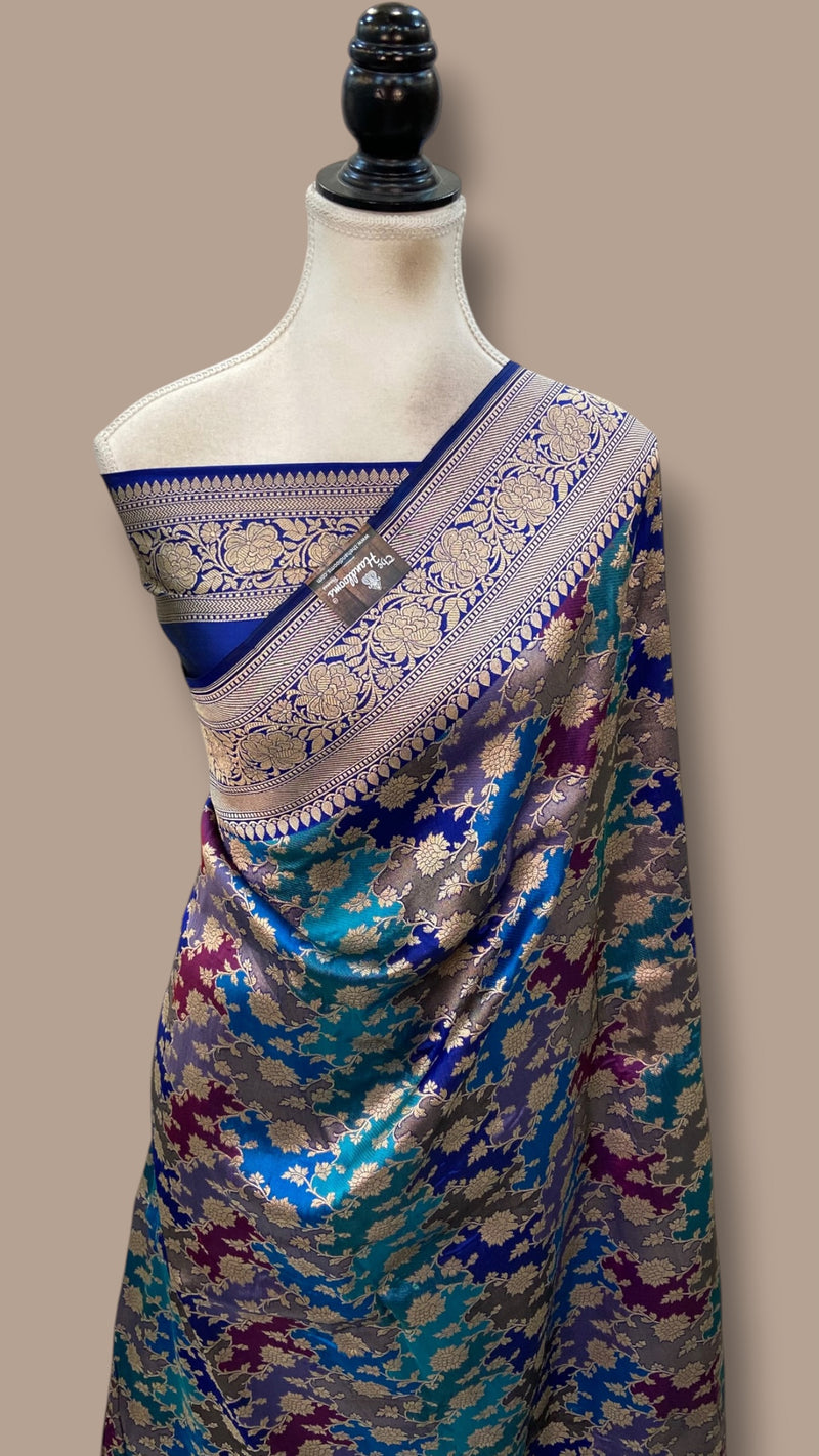 Multicolor Pure Katan Silk Banarasi Handloom Saree - All over Jaal Work With Rangkart