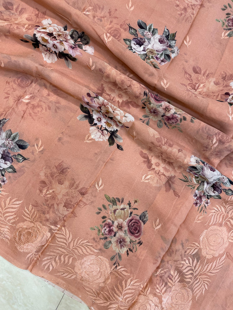 Pure Georgette  Digital Print with Chikankari Handloom Banarasi Saree - The Handlooms