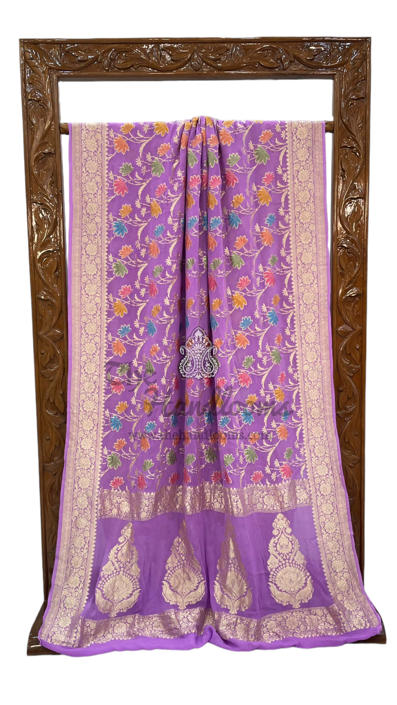 Lavende Pure Khaddi Georgette Handloom Banarasi Saree - All over Jaal Work With Meenakari - The Handlooms