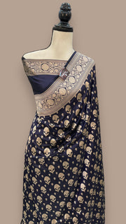 Blue Pure Katan Silk Banarasi Handloom Saree - All over Jaal work - The Handlooms