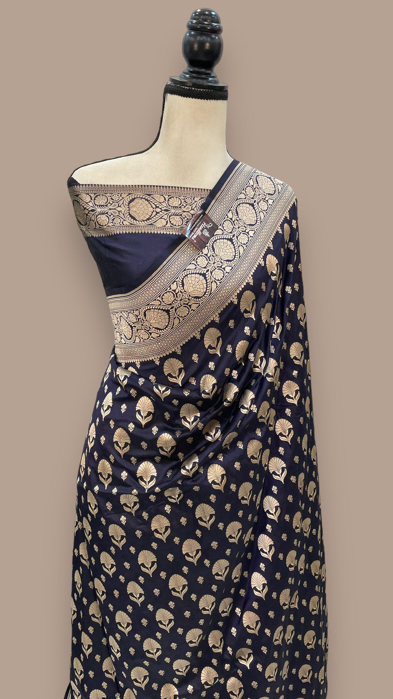 Blue Pure Katan Silk Banarasi Handloom Saree - All over Jaal work - The Handlooms