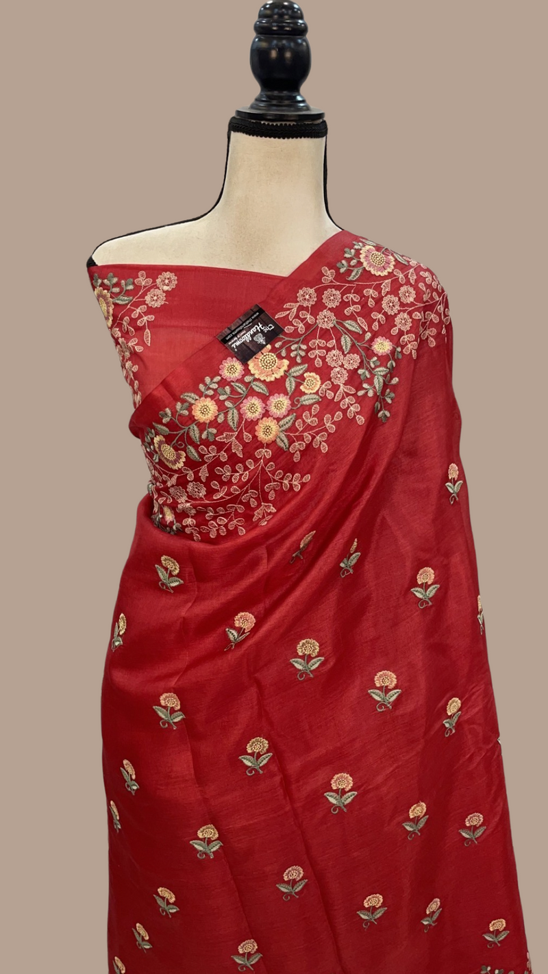 Tussar Silk Handloom Banarasi Saree With Chikankari - The Handlooms