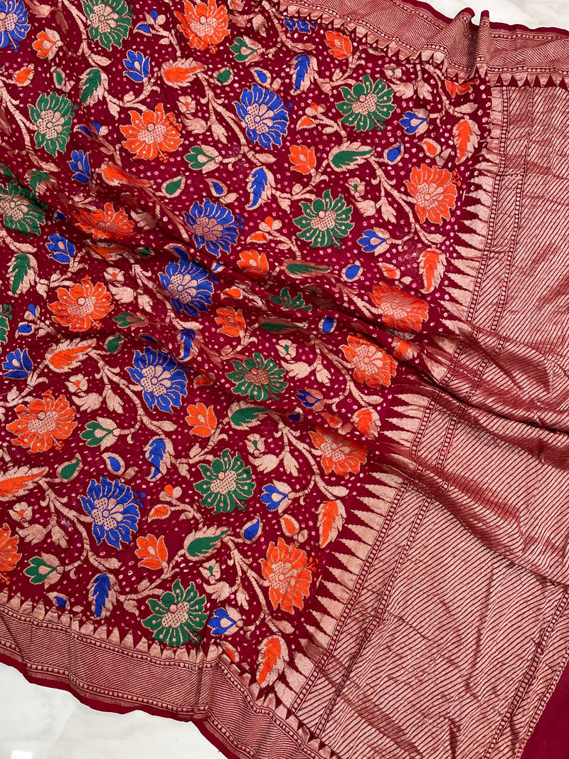 Pure Georgette Banarasi Bandhej Handloom Saree - with meenakari work - The Handlooms