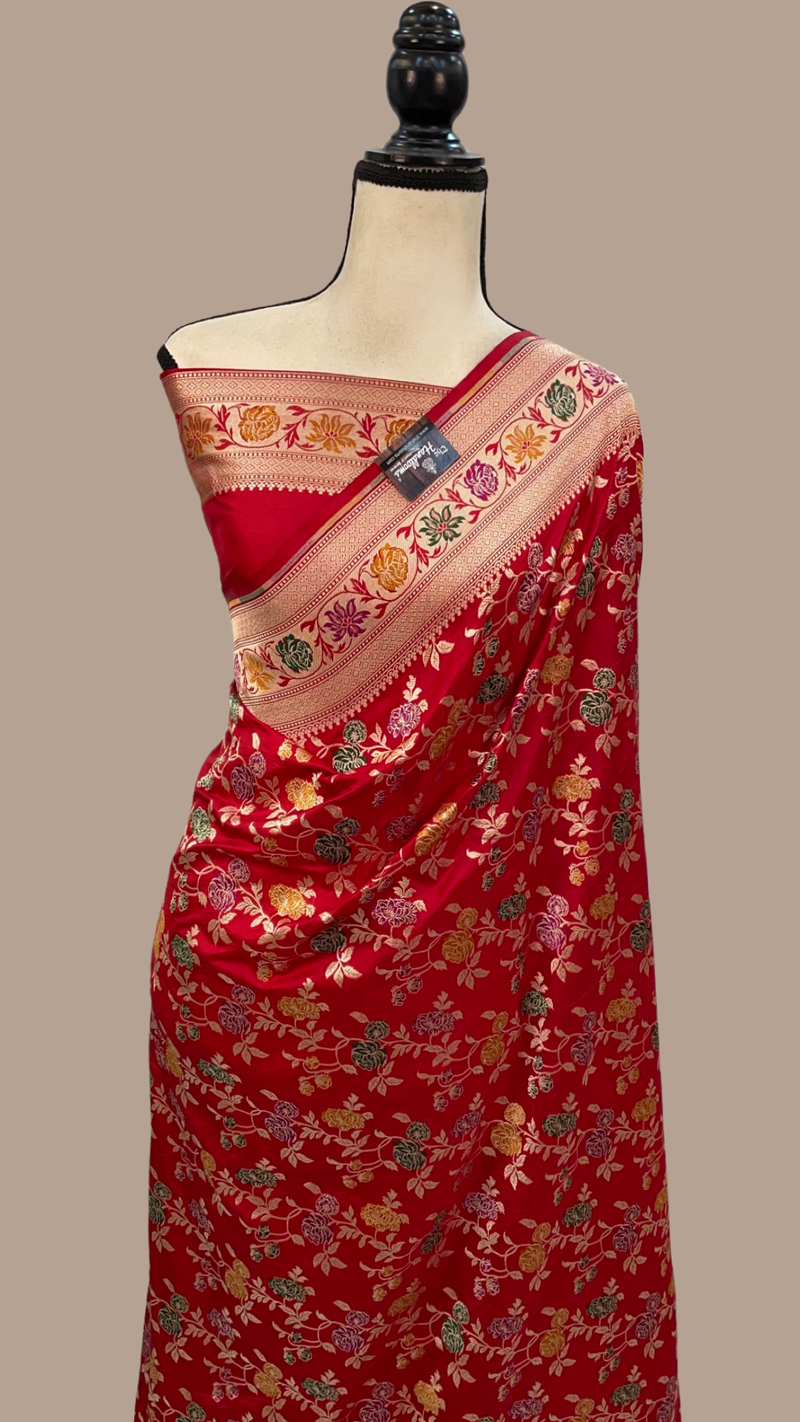 Red Pure Katan Silk Banarasi Handloom Saree - All over Jaal work - With Meenakari - The Handlooms