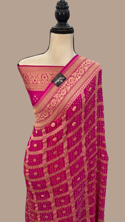 Hot Pink Pure Georgette Banarasi Bandhej Handloom Saree - The Handlooms