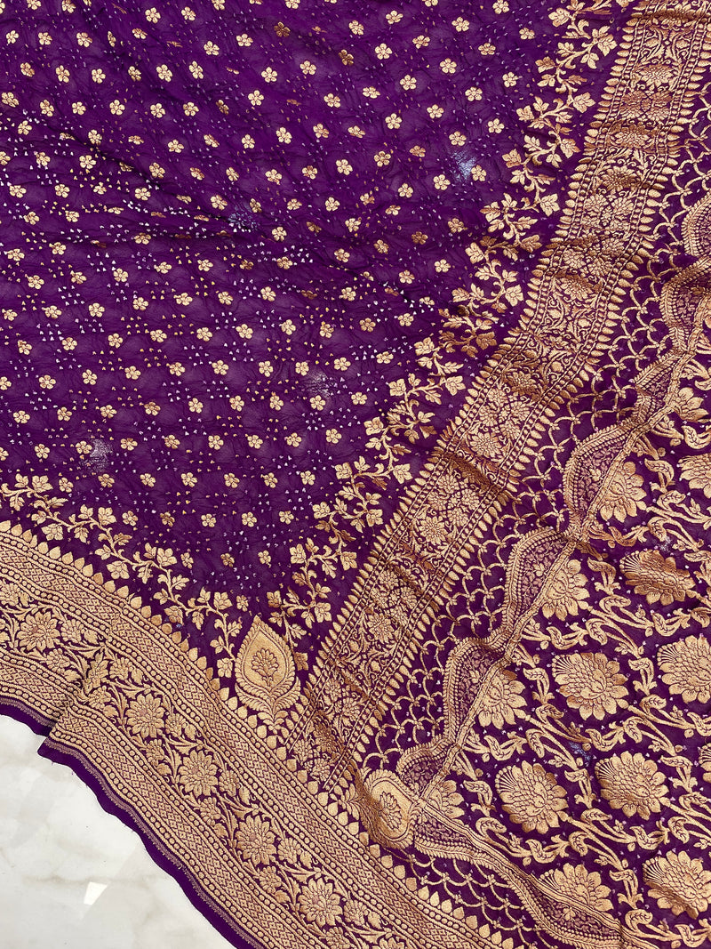 Purple Pure Georgette Banarasi Bandhej Handloom Saree - The Handlooms