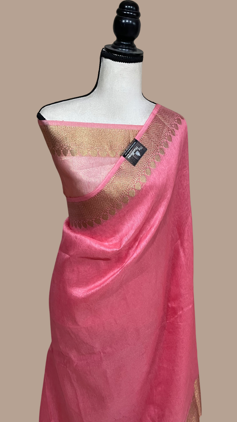 Pure linen Banarasi Saree - Strawberry - The Handlooms