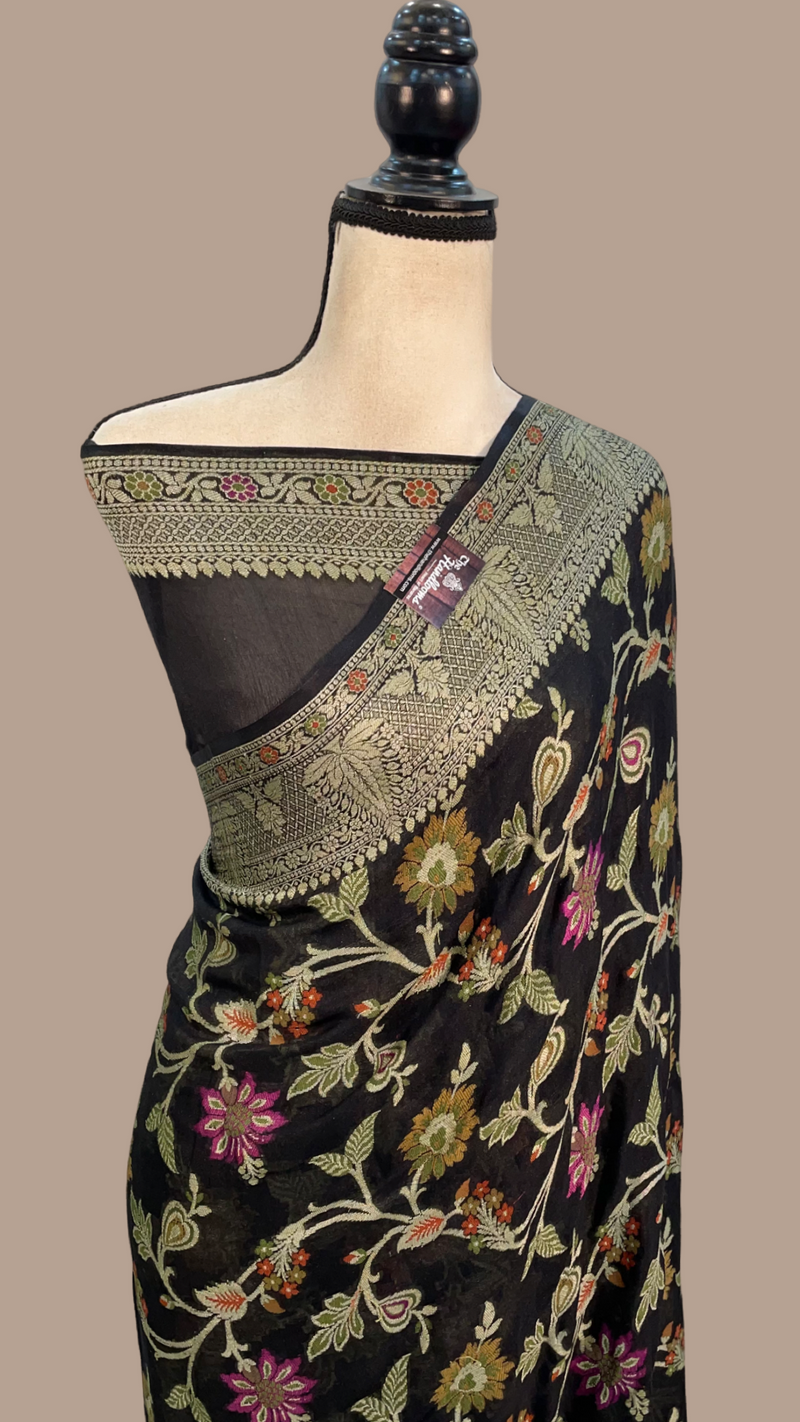 Black Pure Chiffon Khaddi Banarasi Saree - The Handlooms