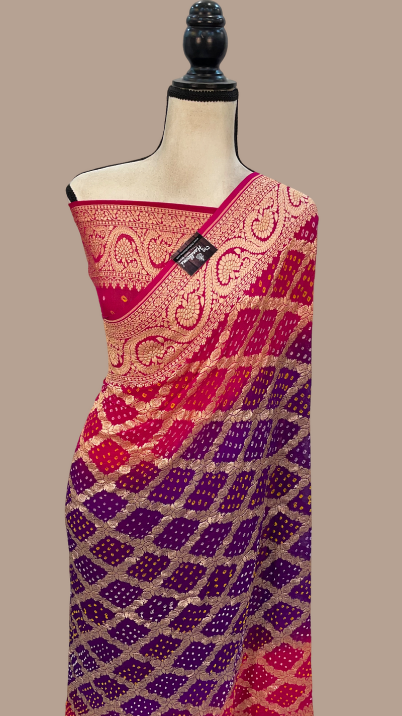 Dual Shade Pure Georgette Banarasi Bandhej Handloom Saree - The Handlooms