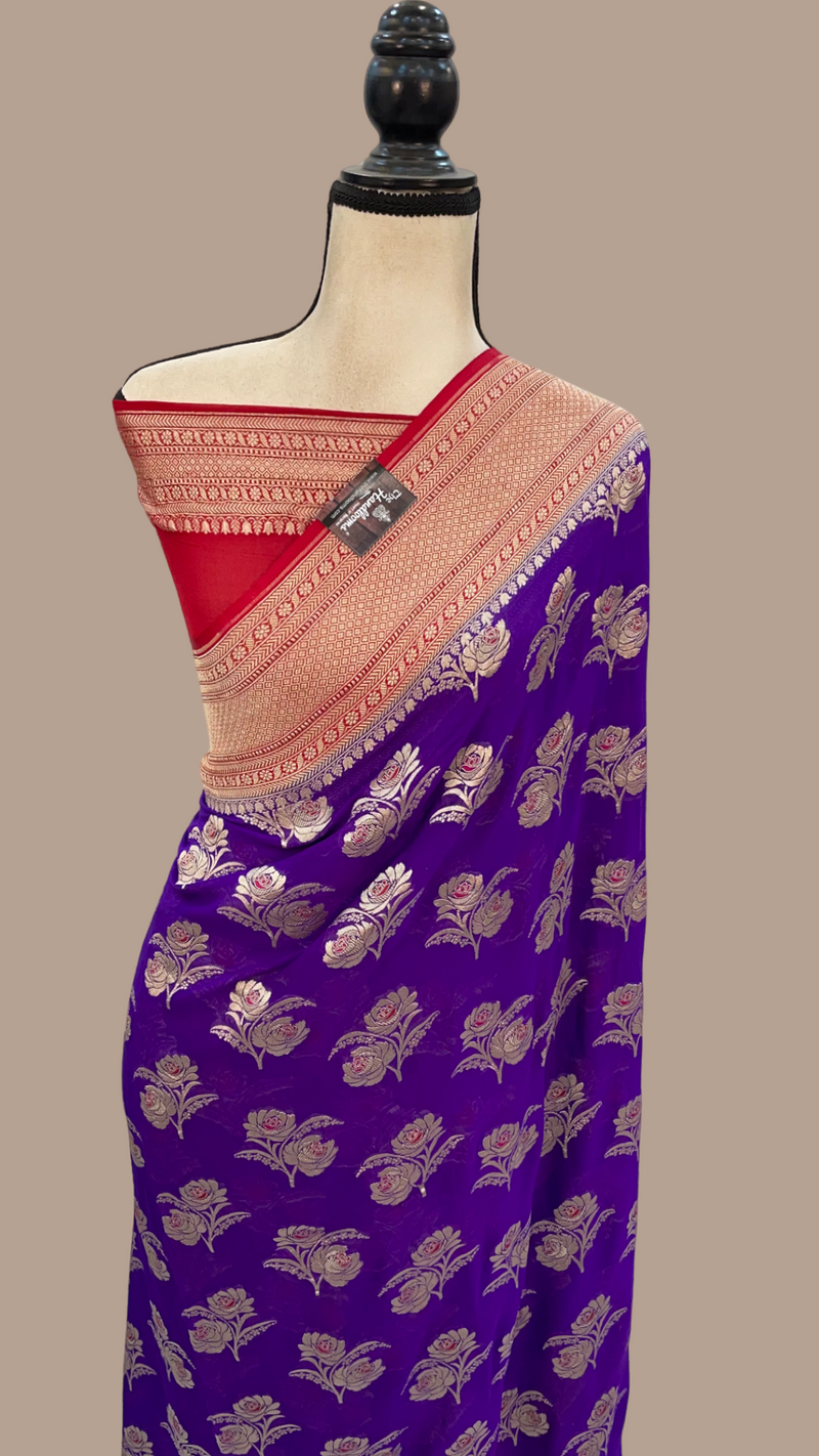 Khaddi Georgette Handloom Banarasi Saree - All over Jaal Work with meenakari - The Handlooms