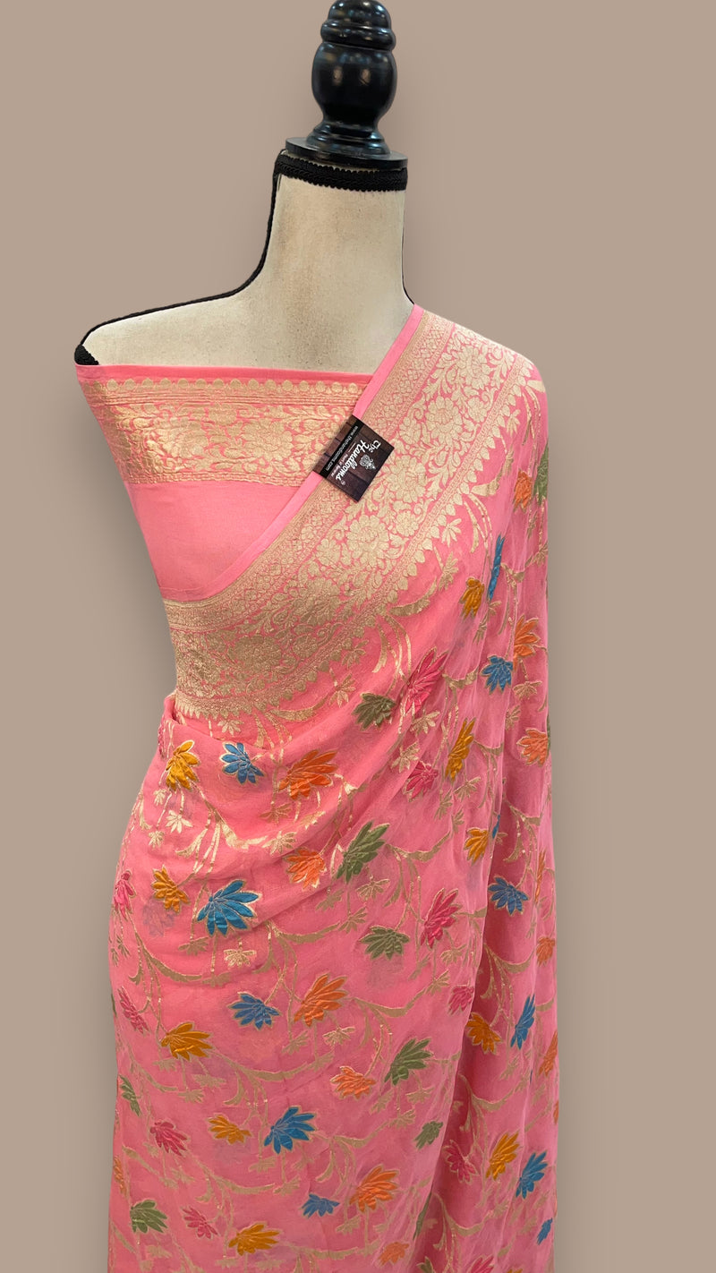 Khaddi Georgette Handloom Banarasi Saree - All over Jaal Work With Meenakari - The Handlooms