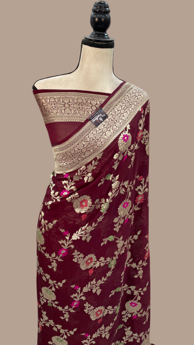 Brown Khaddi Georgette Handloom Banarasi Saree - All over Jaal Work with meenakari - The Handlooms