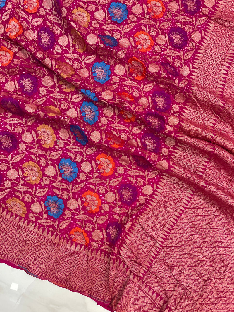 Pure Georgette Banarasi Bandhej Handloom Saree - with meenakari work - The Handlooms