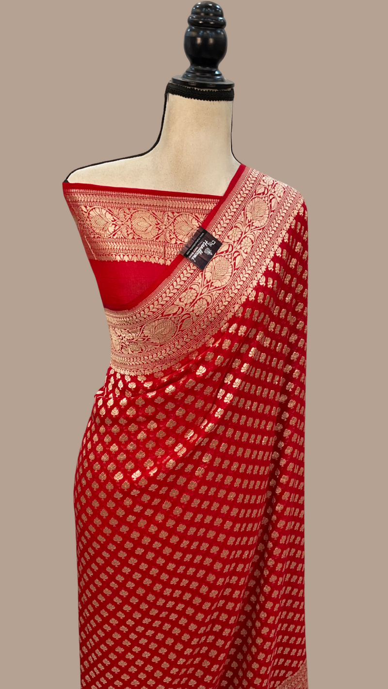 Red Khaddi Georgette Handloom Banarasi Saree - The Handlooms